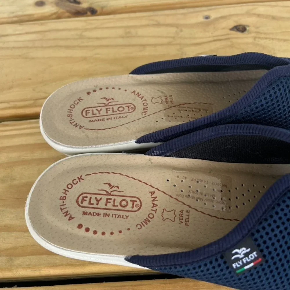 ** Flyflot Blue Mesh Slide On Low Wedge Sandals Open Toe Italy Size 9 EU 40 - Picture 3 of 9